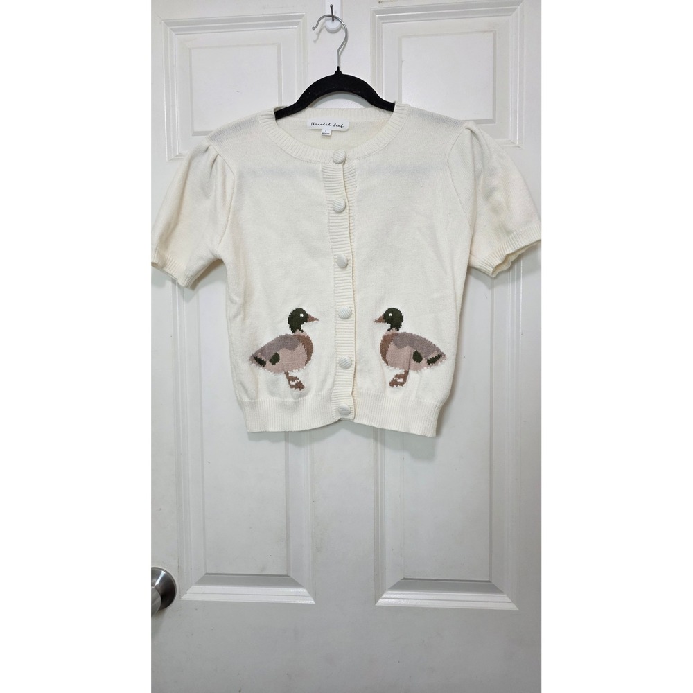 Threaded Leaf Duck Cardigan Womens Large White Short Sleeve Knit Sweater
